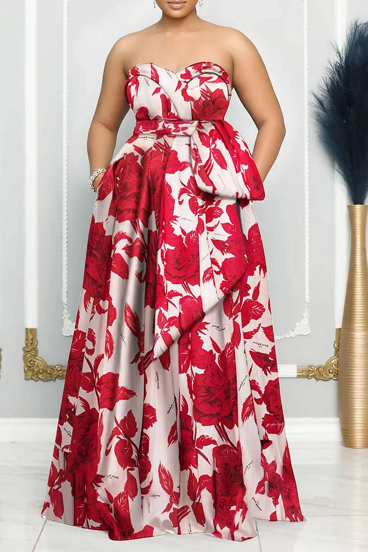 Plus Size Prom Maxi Dresses Elegant Black Floral Fall Winter Off The Shoulder Sleeveless Bow Tie Satin Maxi Dresses With Pocket [Pre-Order]