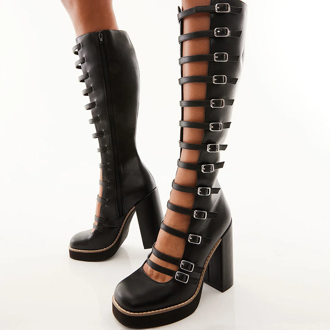 Black Square  Knee Boots Buckle Decors Platform High Chunky Boots Nicepairs