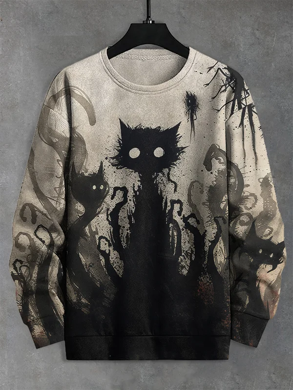 Men's Spooky Ghost Cat Art Print Casual Sweatshirt