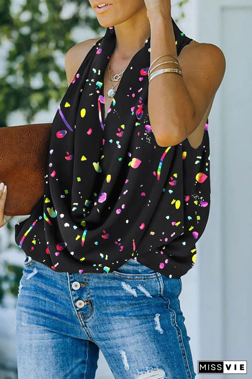 Sweet Elegant Print Scarf Collar Tops