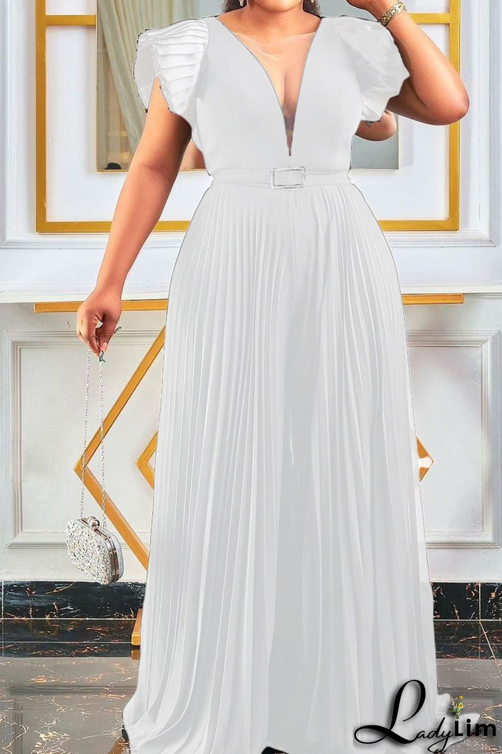 Yellow Elegant Solid Split Joint Fold V Neck Loose Jumpsuits