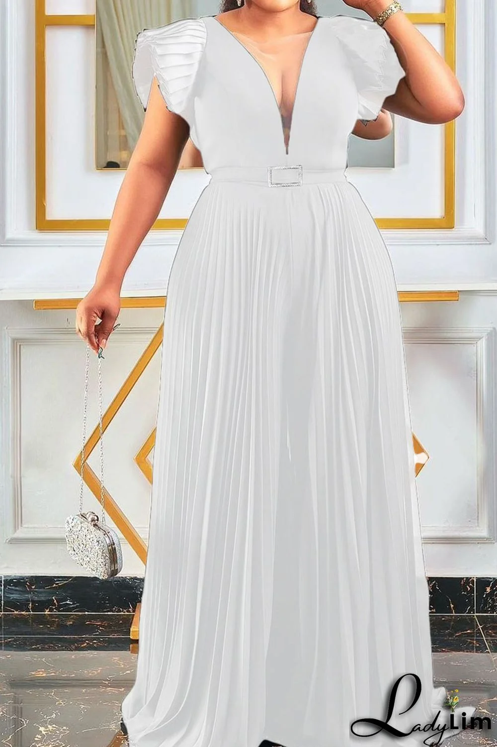 Yellow Elegant Solid Split Joint Fold V Neck Loose Jumpsuits