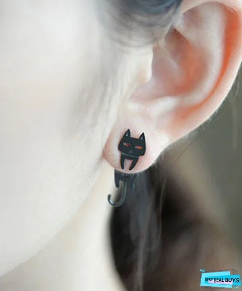 Women Stylish Cat and Fish Asymmetrical Design Metal Stud Earrings