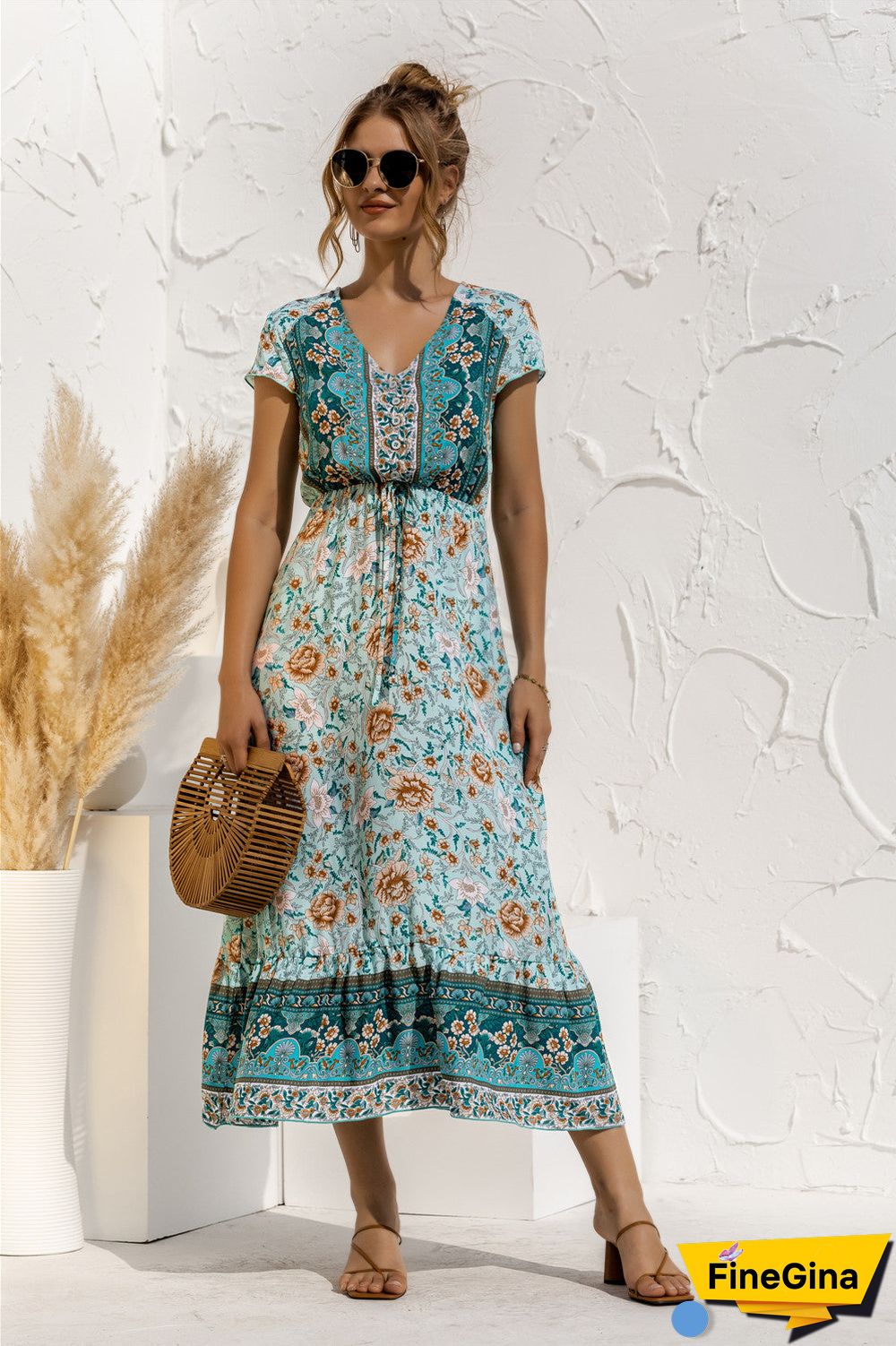 Short Sleeve V Neck Floral Maxi Dress