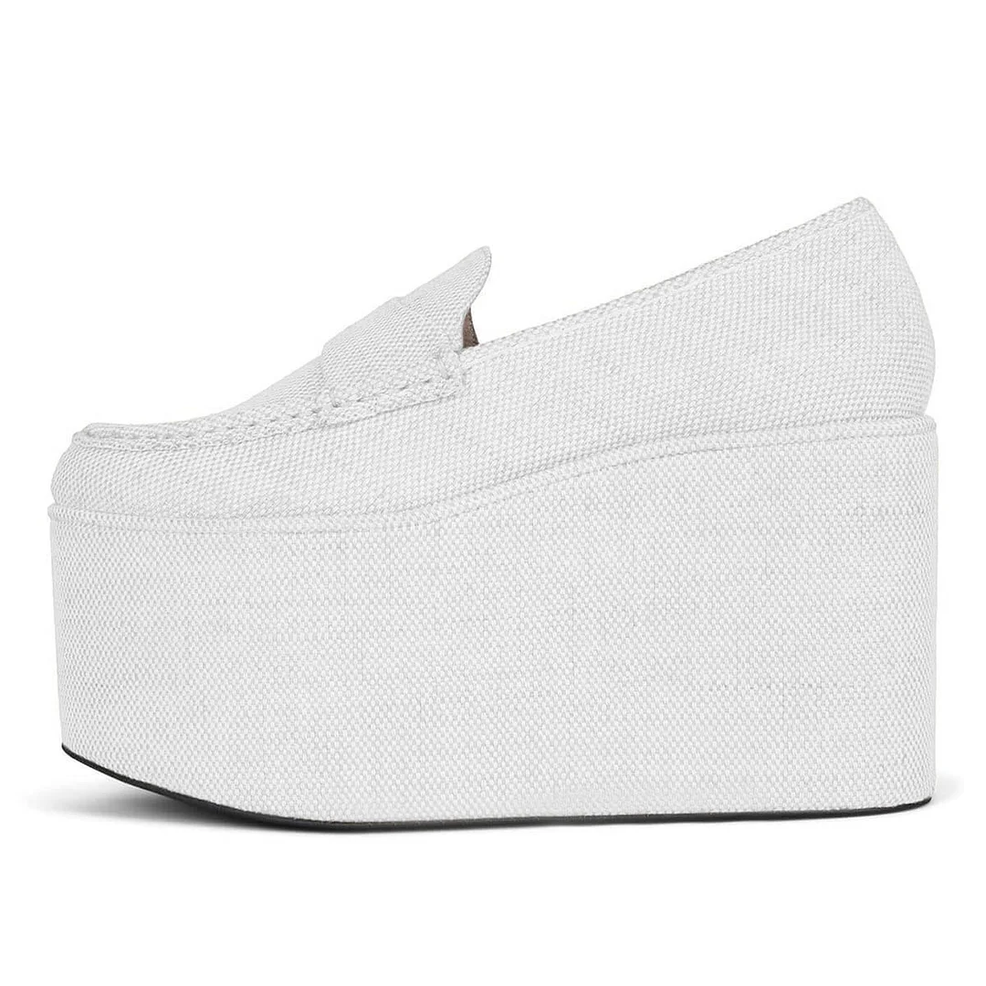 YDN White Round Toe Wedge Heel Simple Platform Loafers Women
