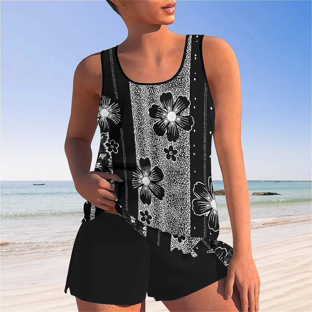 Bowknot Floral,Splicing Mid Waisted Tankini Set - Plus Size Available