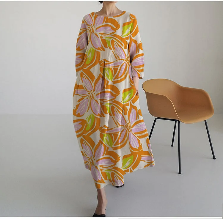 Printing Cotton And Linen Style Long Sleeve  Maxi Dress