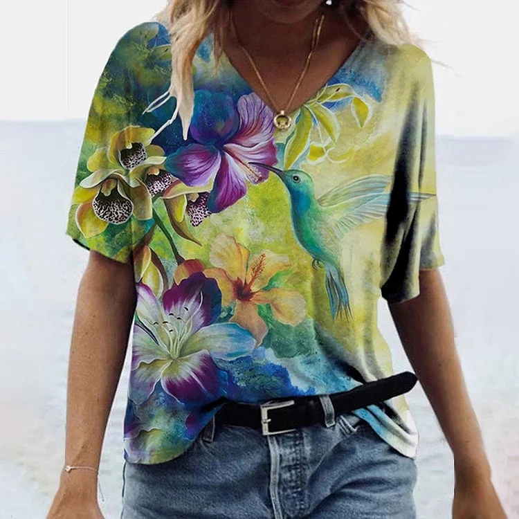 Casual Hummingbird Print Short Sleeve T-Shirt