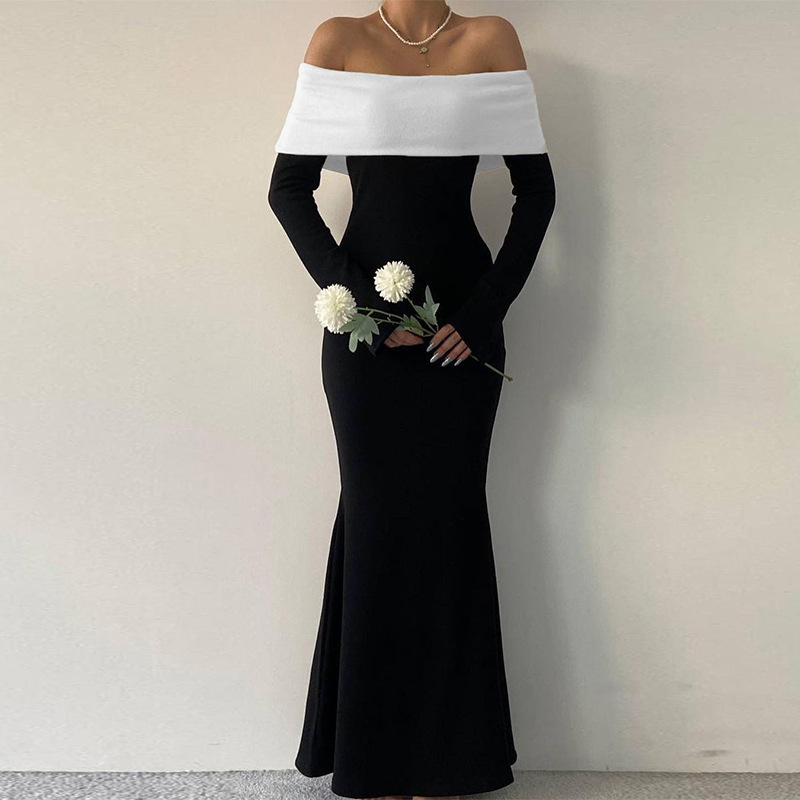 Ootddress Off-Shoulder Patchwork Slim Maxi Dress For Women Long Sleeve High Waist Elegant Backless Party Dress Female Autumn Outfit