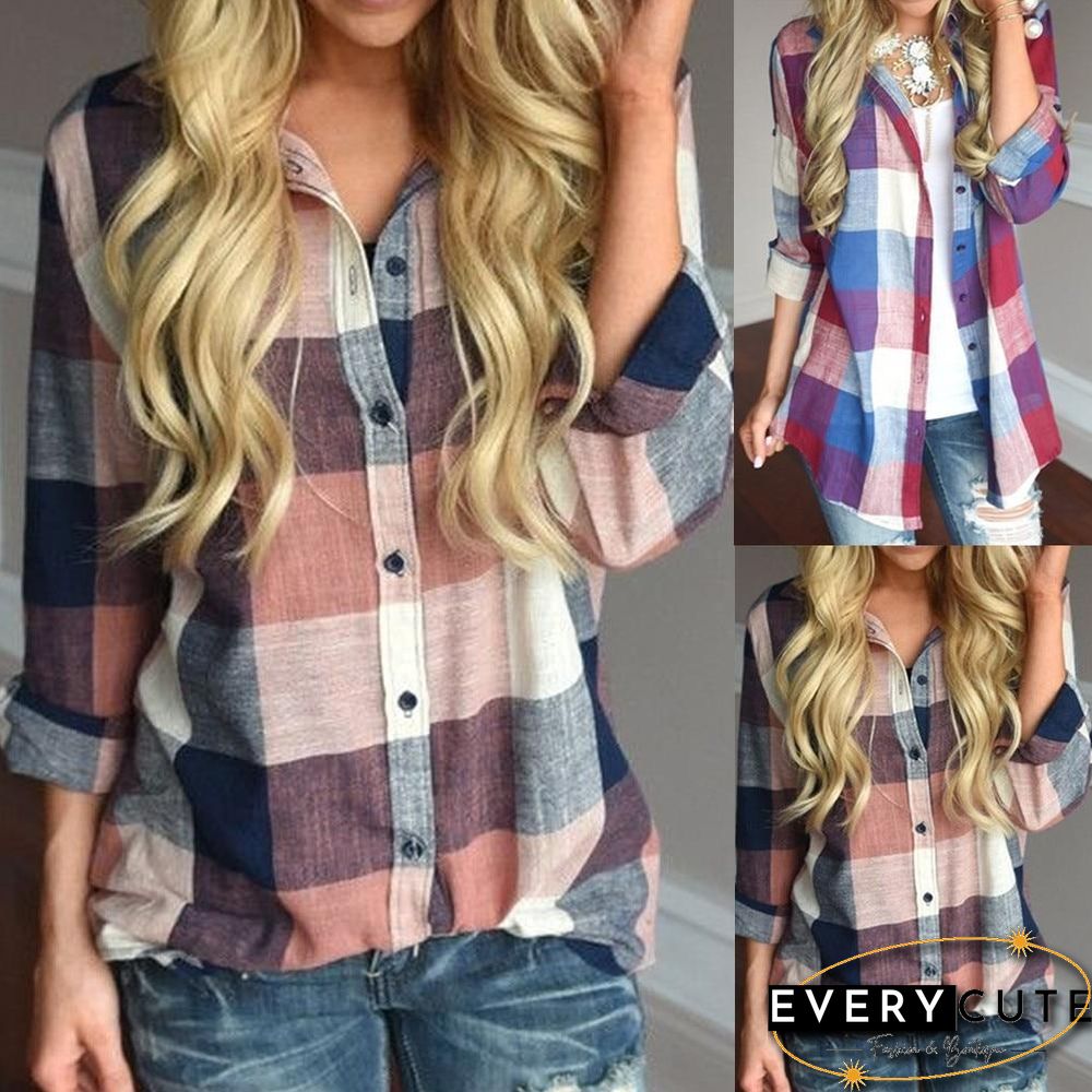 Fashion women Casual Matching Color Long Sleeve Button Loose Plaid Shirt Top Blouse