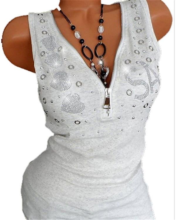 Women's Street Chic Zipper V Neck T-shirt Solid Colored Heart