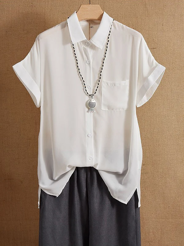 White Collared Plain Buttons Casual Short Sleeve Shirts & Tops