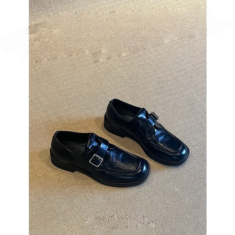 Breakj Breakj Belt Buckle Small Leather Shoes Women 2025 Coarse College Style Happy Shoes Lazy Single Shoes