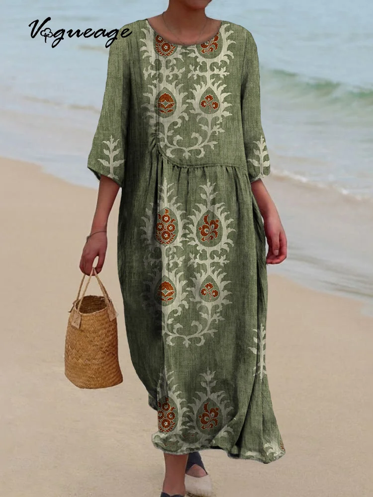 Retro Simple Plants Printed Women's Casual Cotton And Linen Dress