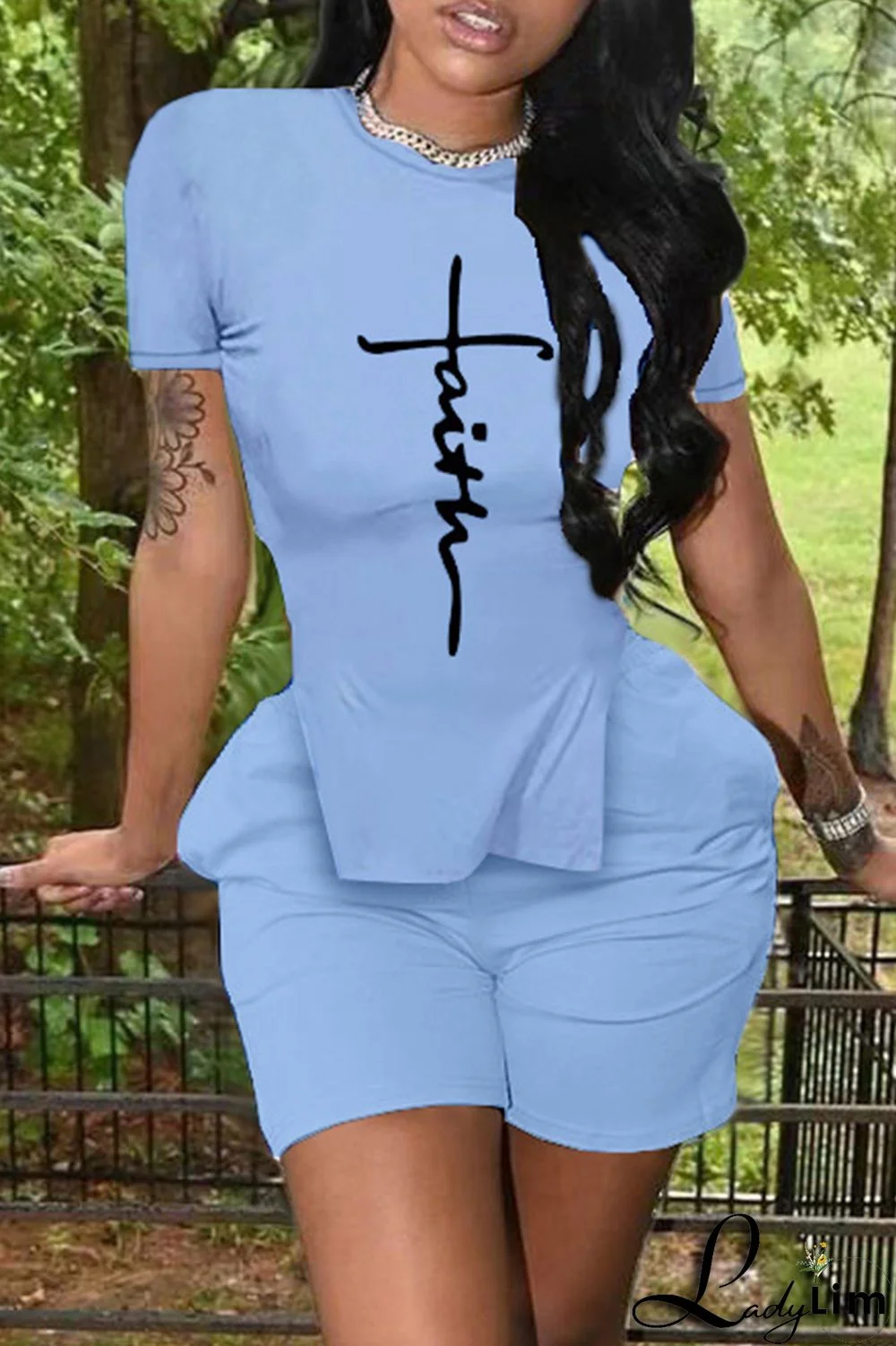 Black Fashion Casual Print Slit O Neck Short Sleeve Two Pieces