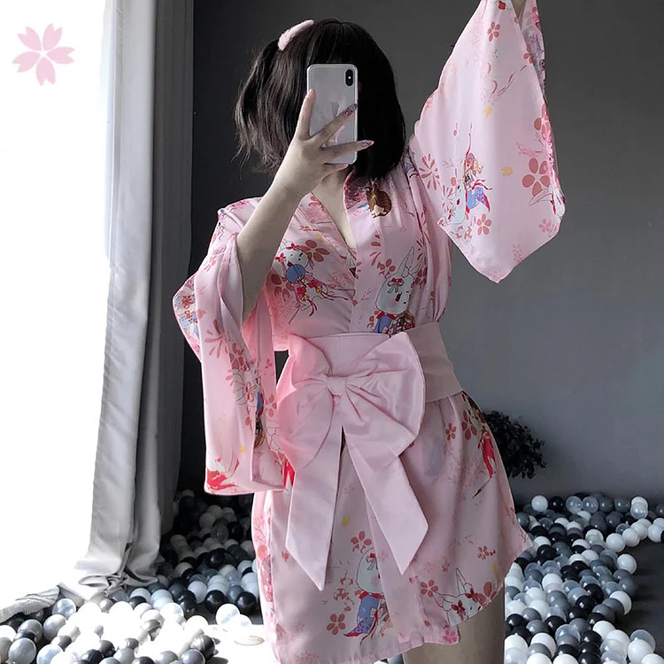 Sakura Mice Print Japanese Kimono Bathrobe