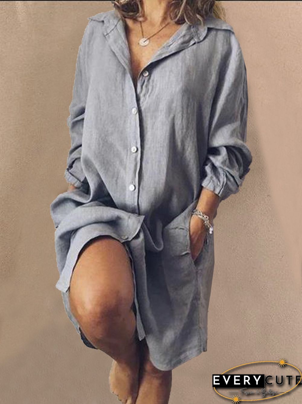 Casual V Neck Long Sleeve Solid Weaving Dress