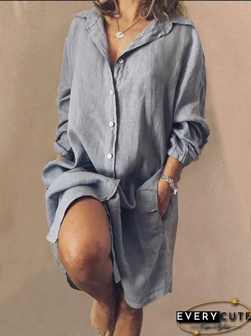 Casual V Neck Long Sleeve Solid Weaving Dress