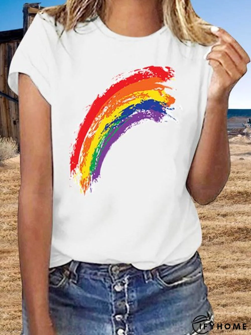 Women White Summer Rainbow Printed Short Sleeve Casual Top | IFYHOME