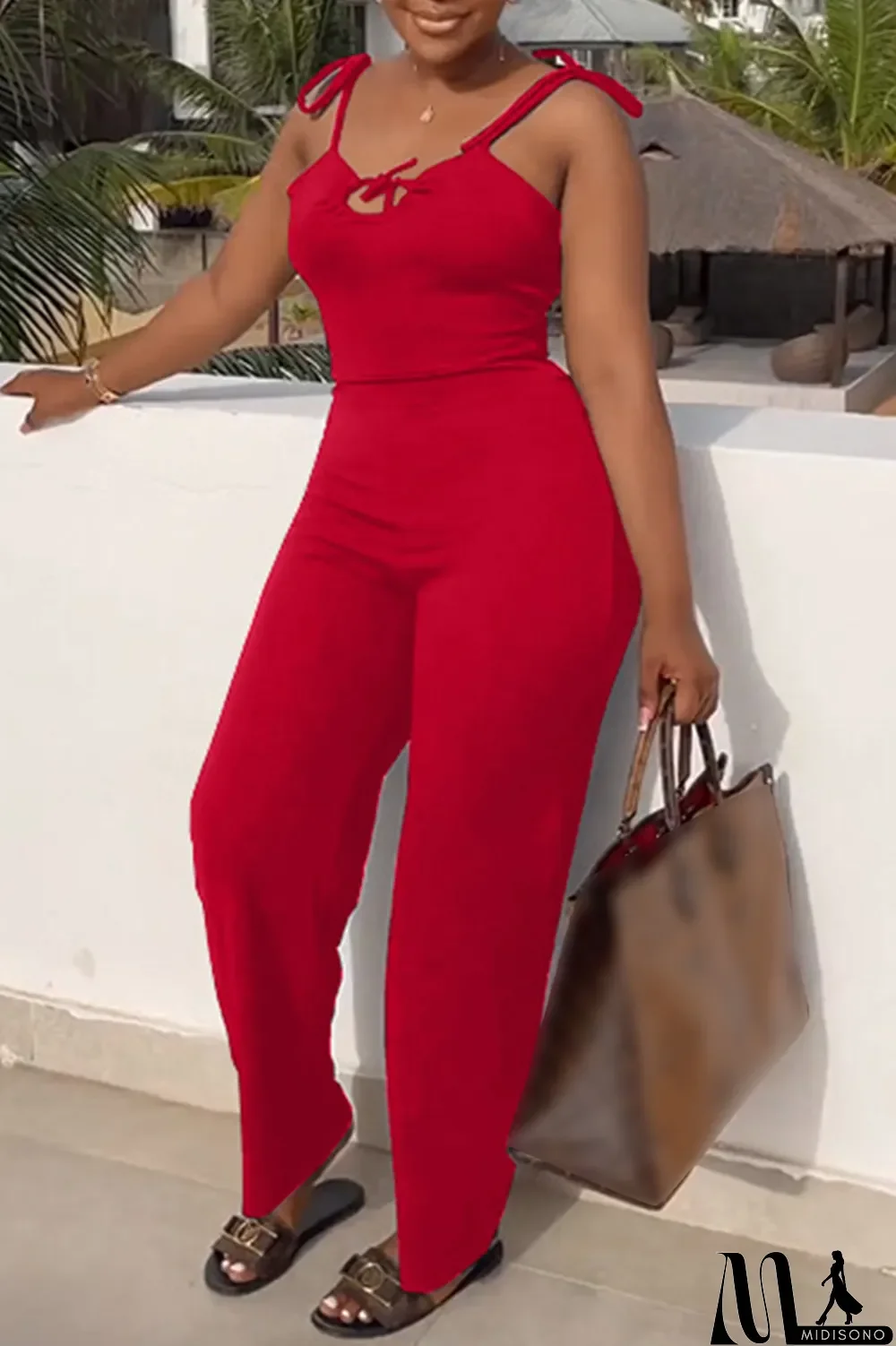 MidiSono - Tangerine Red Sexy Casual Solid Bandage Backless Spaghetti Strap Regular Jumpsuits