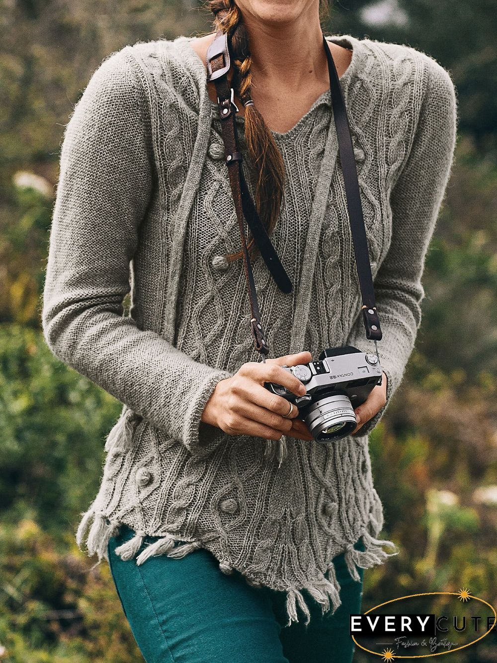 Vintage Knitted Tassel V Neck Solid Sweater