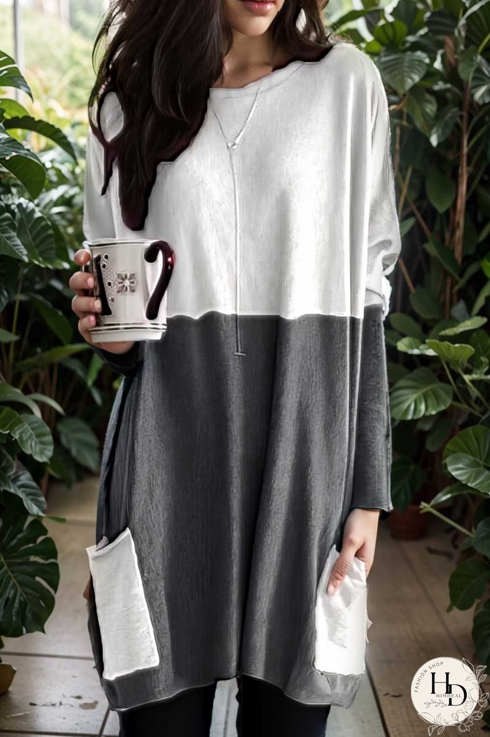 two color stitching pocket loose long sleeve t shirt