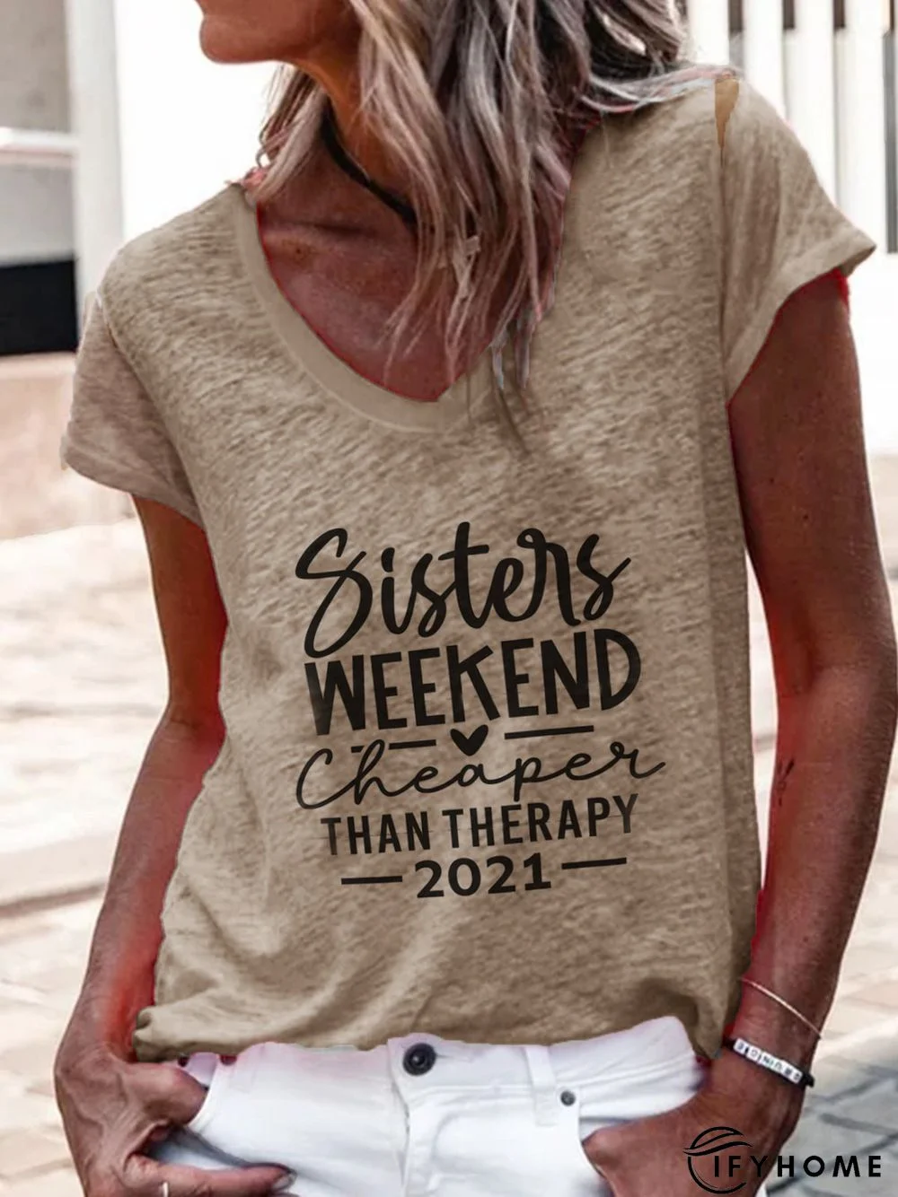 V Neck Letter Casual Cotton-Blend T-shirt | IFYHOME