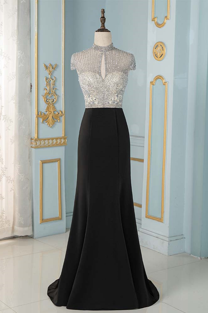 Oknass Black High Neck Evening Dress Cap Sleeves Long With Beading