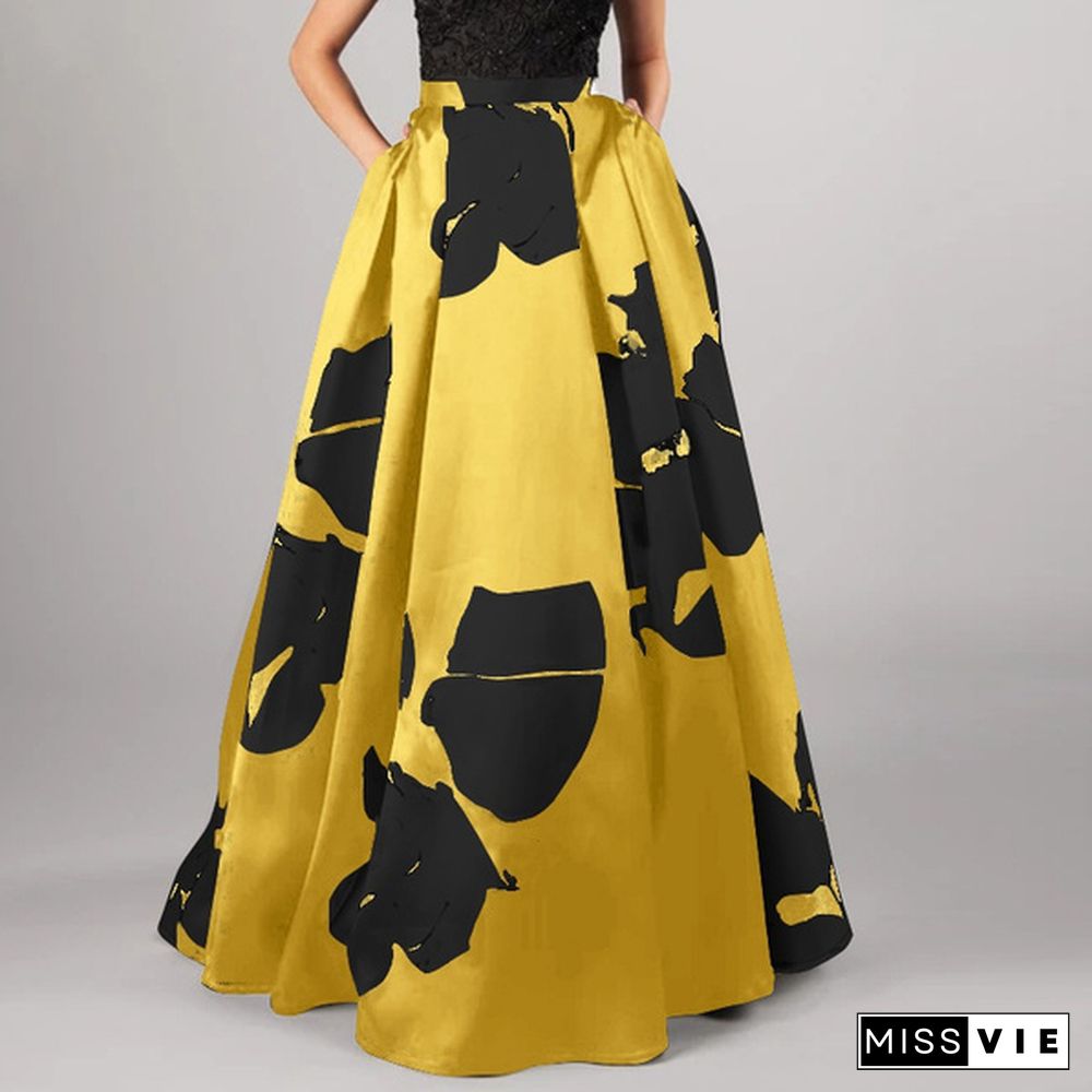 Women Floral Print Maxi Skirt Swing Dress High Waist Party Casual Umbrella Long Skirts Plus Size