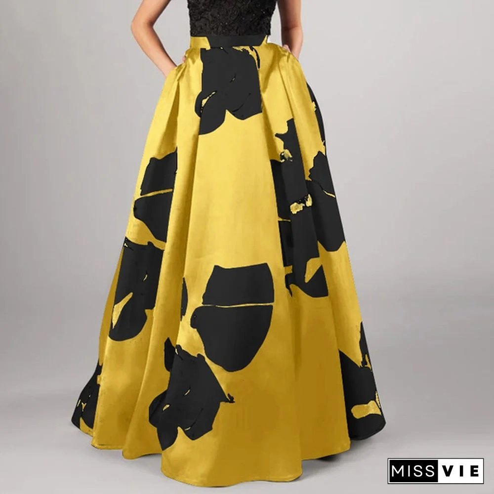 Women Floral Print Maxi Skirt Swing Dress High Waist Party Casual Umbrella Long Skirts Plus Size