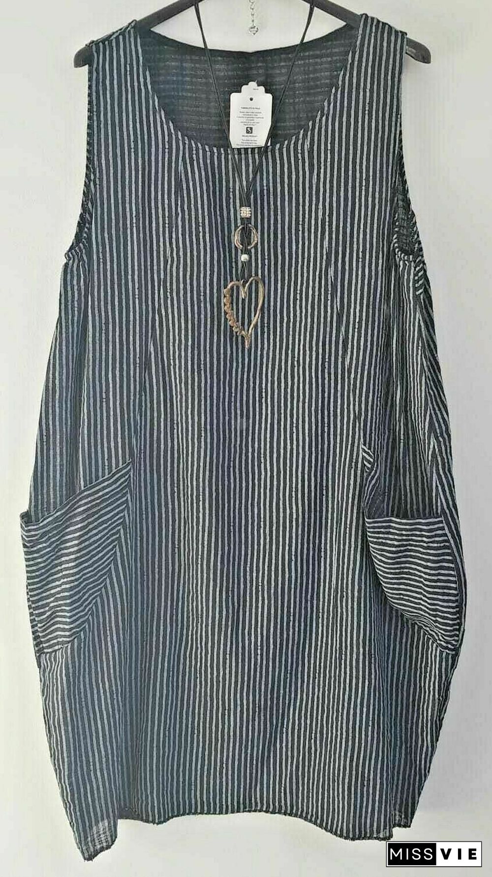 Ladies Stripe Design Summer Linen Cotton Long Pocket Top