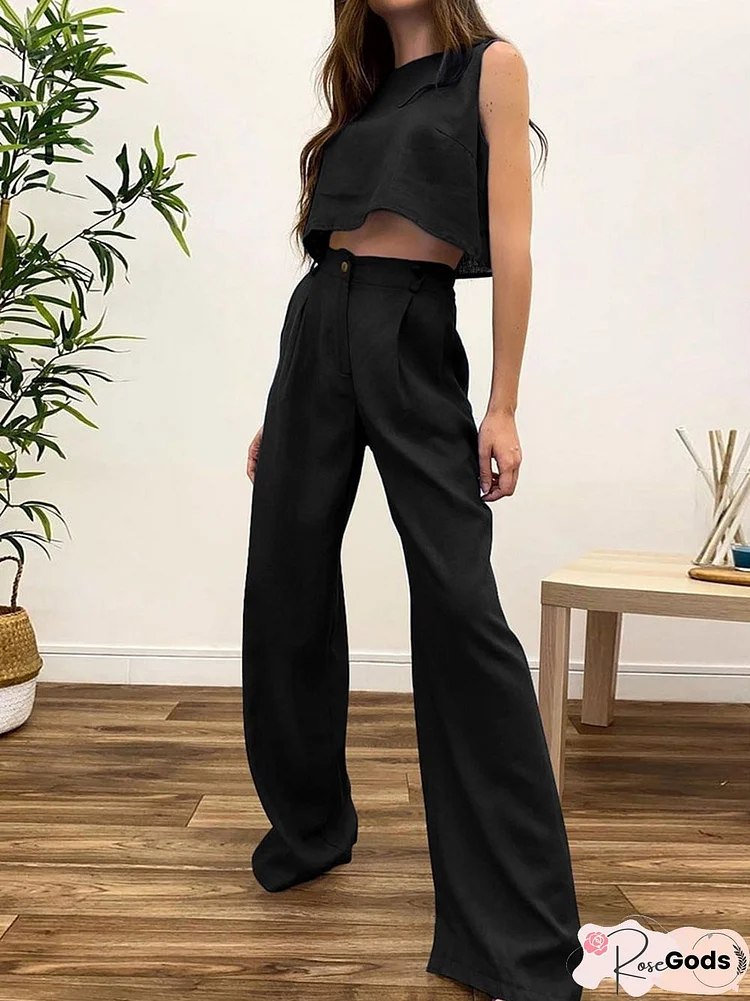 Women Summer Long Solid Pants Sports Tracksuit Casual Sleeveless Round Neck Vest Top + High Waist Wide Legs Trouser Suits 2Pc