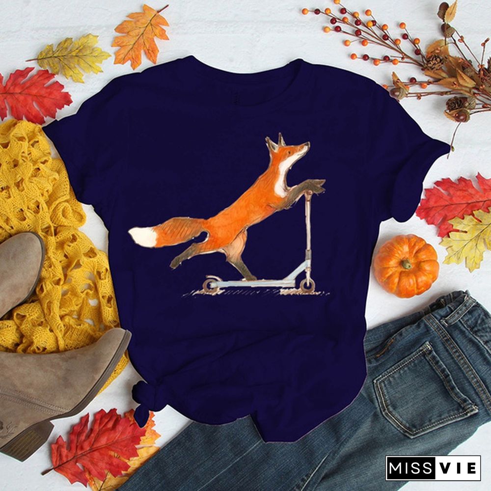 Cute Fox T-shirts For Women Summer Lovely Short Sleeve Casual T-shirts Funny Ladies Round Neck Tops