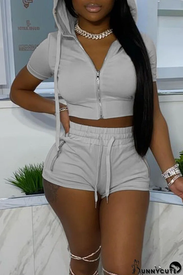 Grey Casual Solid Patchwork Zipper Hooded Collar Short Sleeve Two Pieces