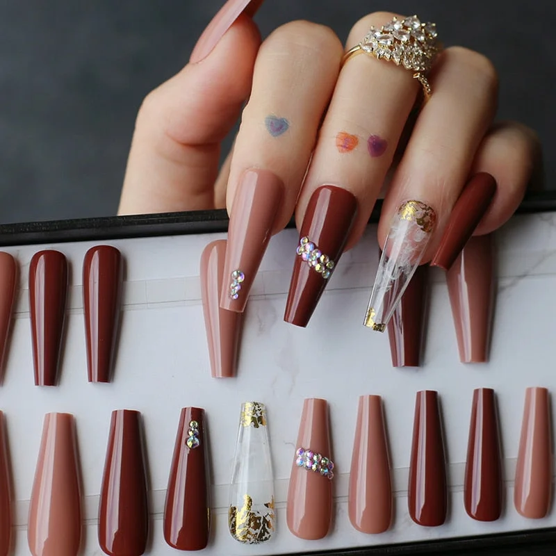 Rhinestone crystal design Pink Luxury Ombre extra Coffin Press on nails Gel Abstract smudge art crystal fake nails Custom logo-Nail Inspo