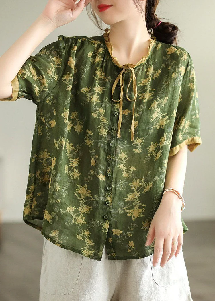 Green Print Linen Blouse Top Wrinkled Summer