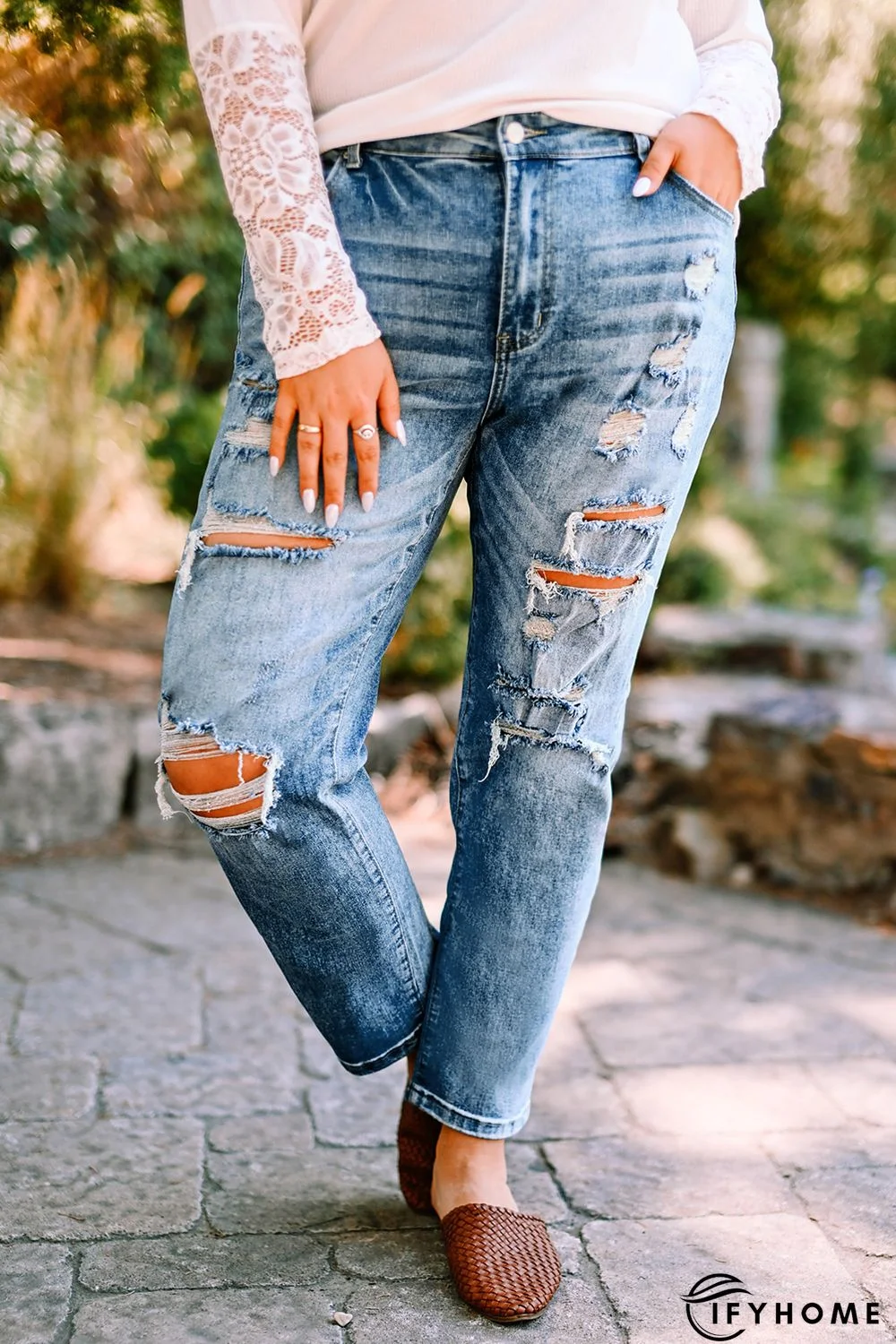 Blue Plus Size Distressed Slit Vintage Jeans | IFYHOME