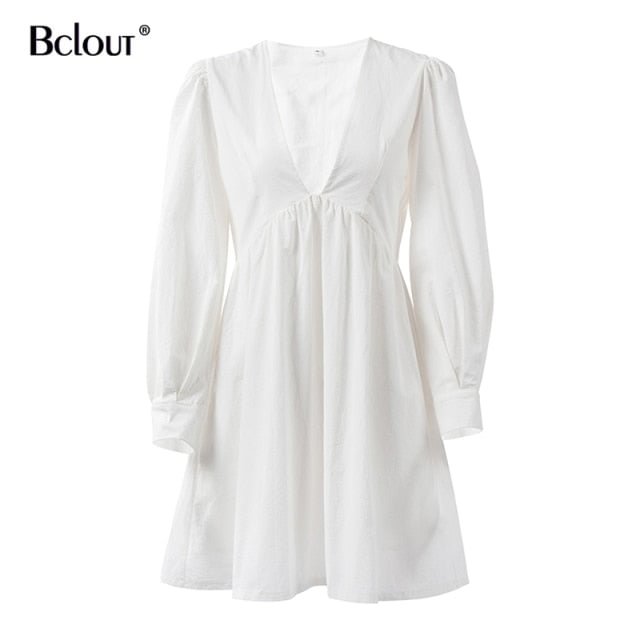 Bclout Casual Mini Fit and Flare Dress Women Puff Sleeve V Neck Black Party Dresses White Buttons Long Sleeve Autumn Vestido - BlackFridayBuys