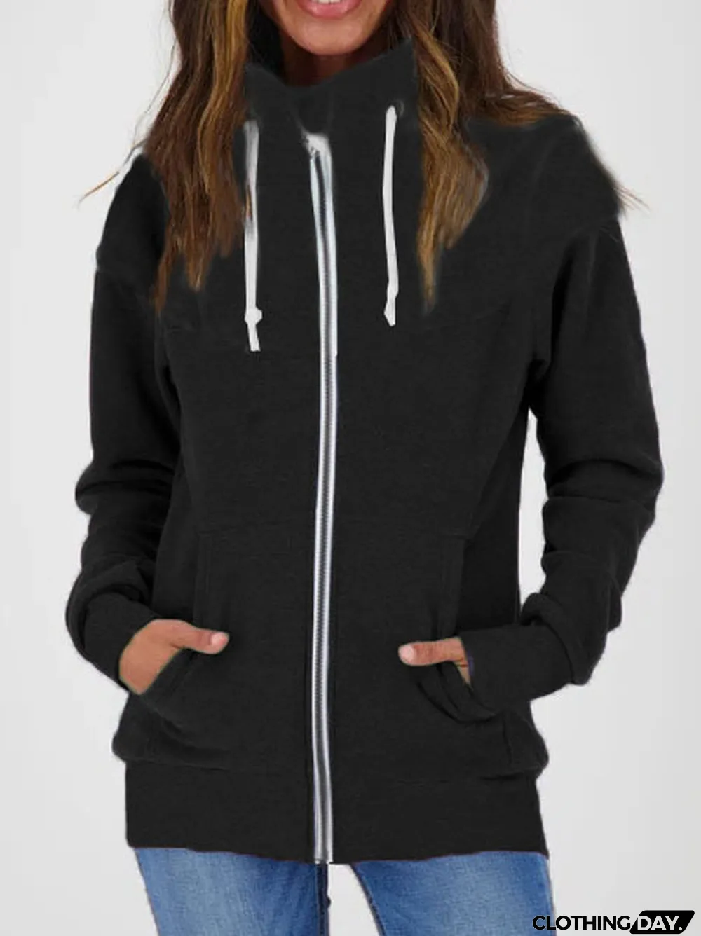 Fall Winter Women's Casual Long Sleeve Fleece Zip High Neck Sweatshirt