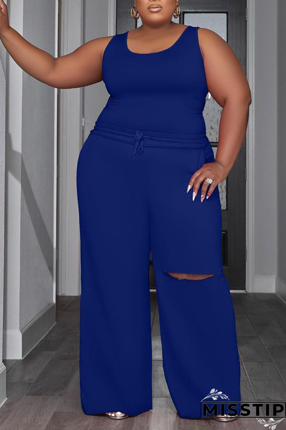 Deep Blue Casual Solid Hollowed Out Patchwork U Neck Plus Size Two Pieces