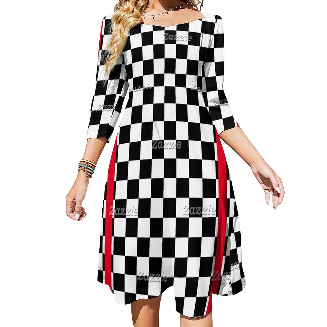 Cool Black White Checkered Flag Pattern Red Stripe Dress Sweetheart Tie Back Flared 3/4 Sleeve Midi Dresses