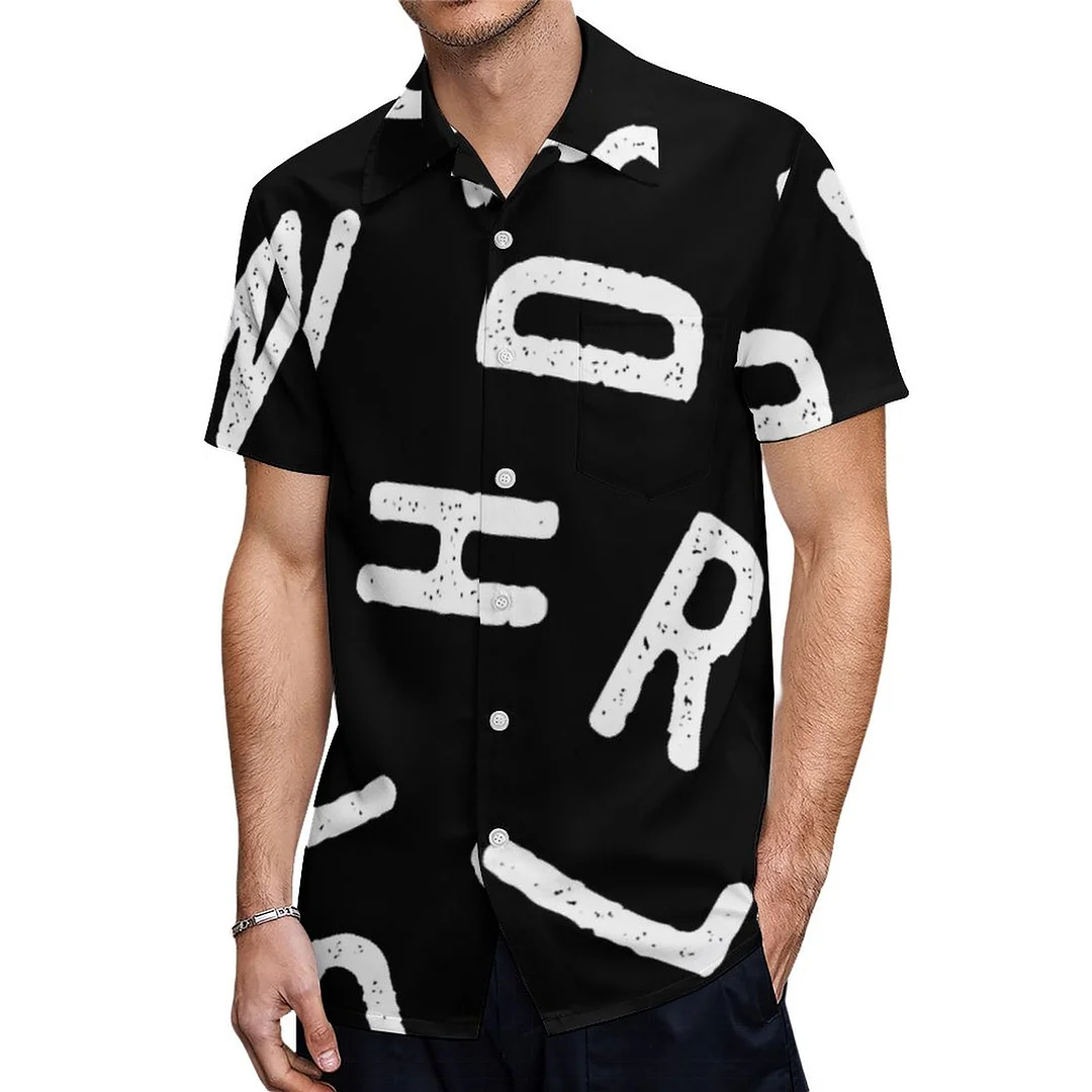 Cool Black White Typography Simple Hawaiian Shirt Mens Button Down Plus Size Tropical Hawaii Beach Shirts