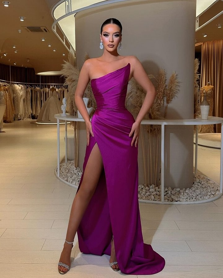 Purple Asymmetric Mermaid Prom Dress Strapless Pleated Slit Ball Gown ZT0002
