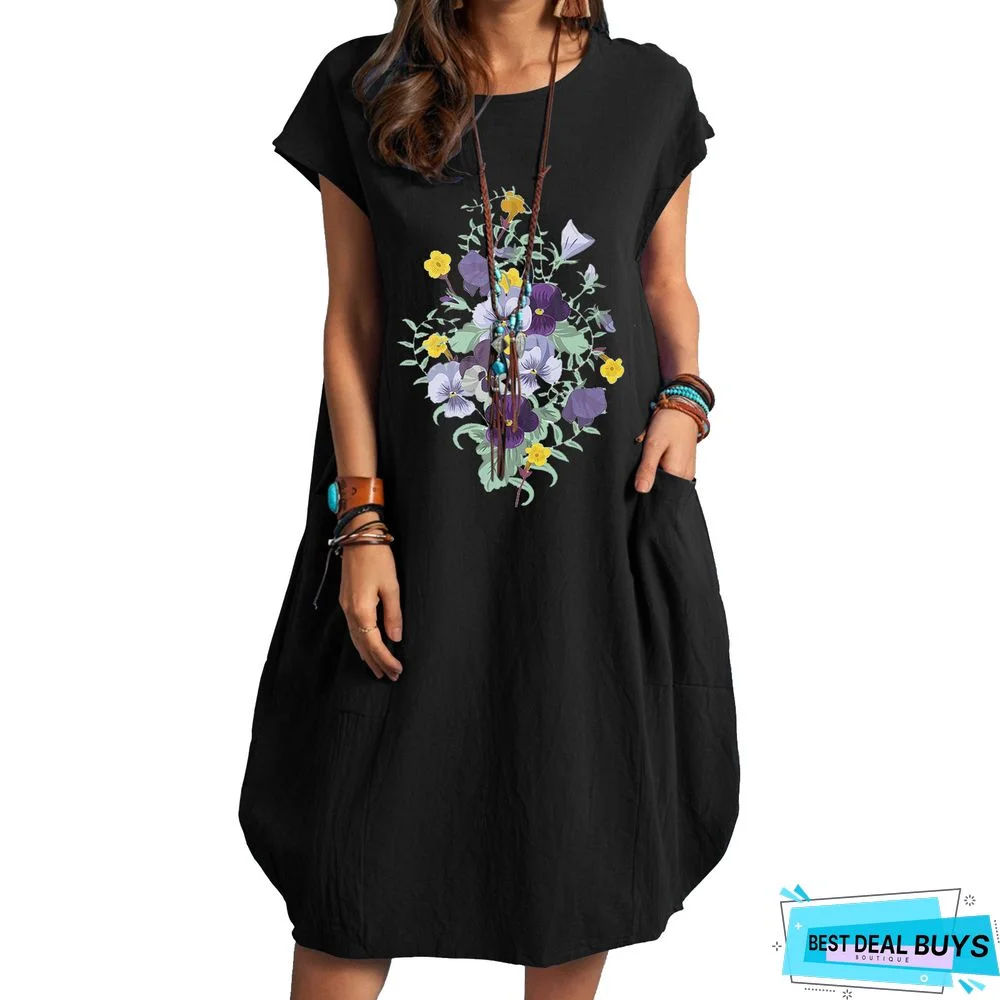 Flower Print Plus Size Cotton and Linen Pocket Dress Black Dresses