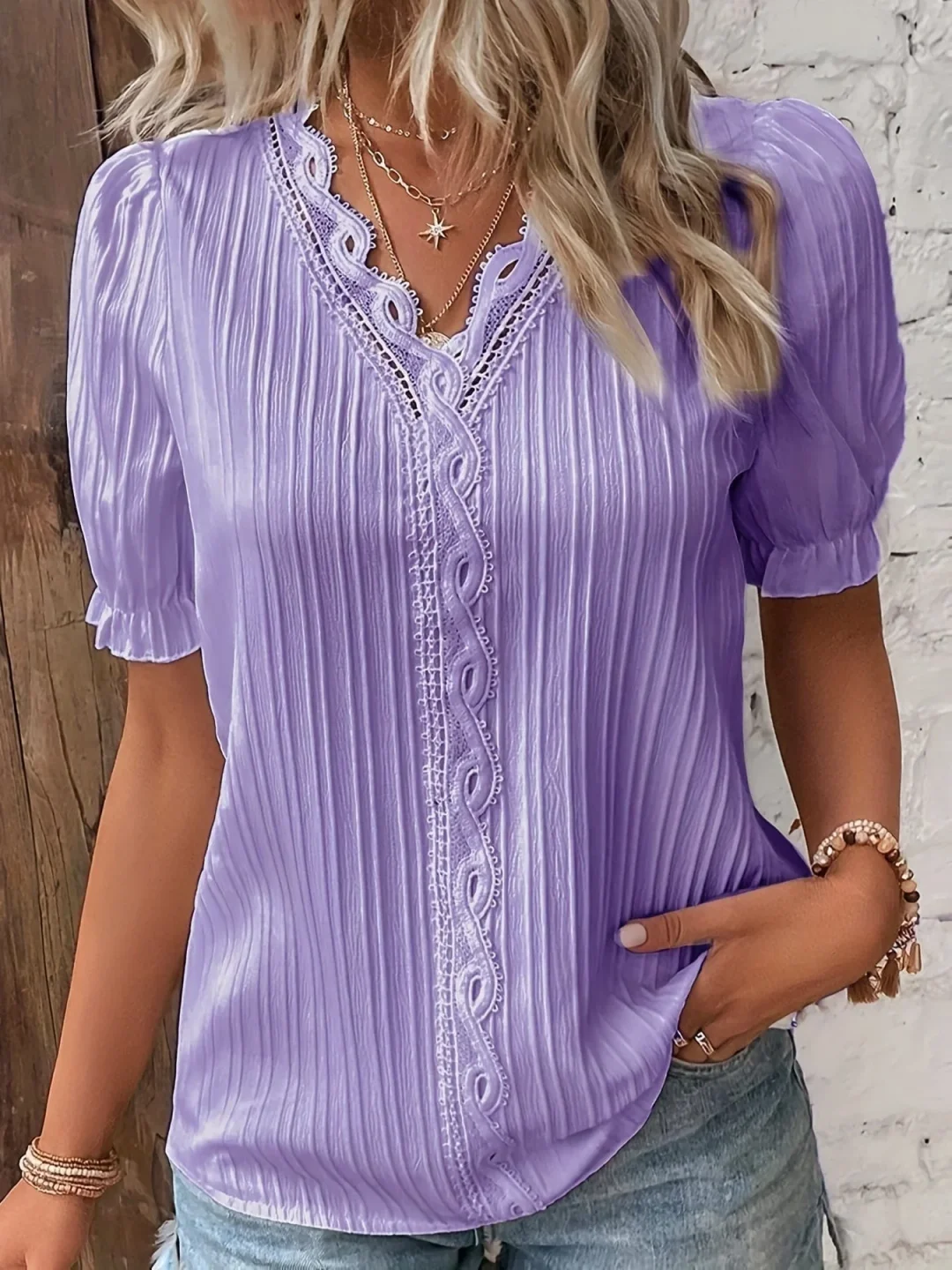 Plus Size Elegant Blouse, Women's Plus Solid Contrast Lace Ribbed Puff Sleeve V Neck Shirt Top