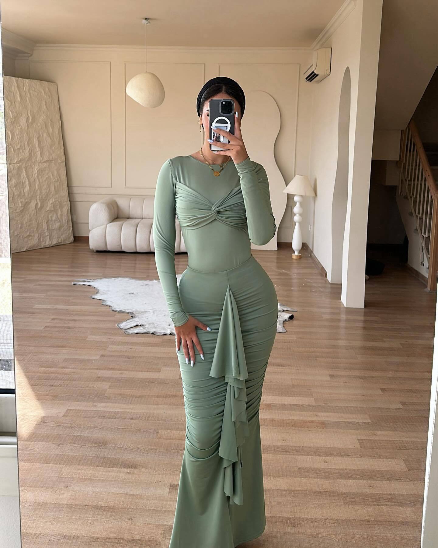 Ootddress Elegant Long Sleeved Elastic Tight Pleated Party Club Evening Dress Women Fashion Maxi Vestido Autumn Winter New Female