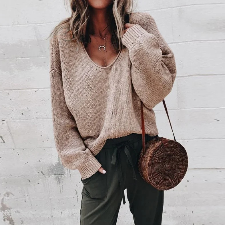 Mongw Mongw NEW Ebay Women's Sweater V-Neck Long Sleeve Solid Color Loose Knit Bottom Top Women's Top
