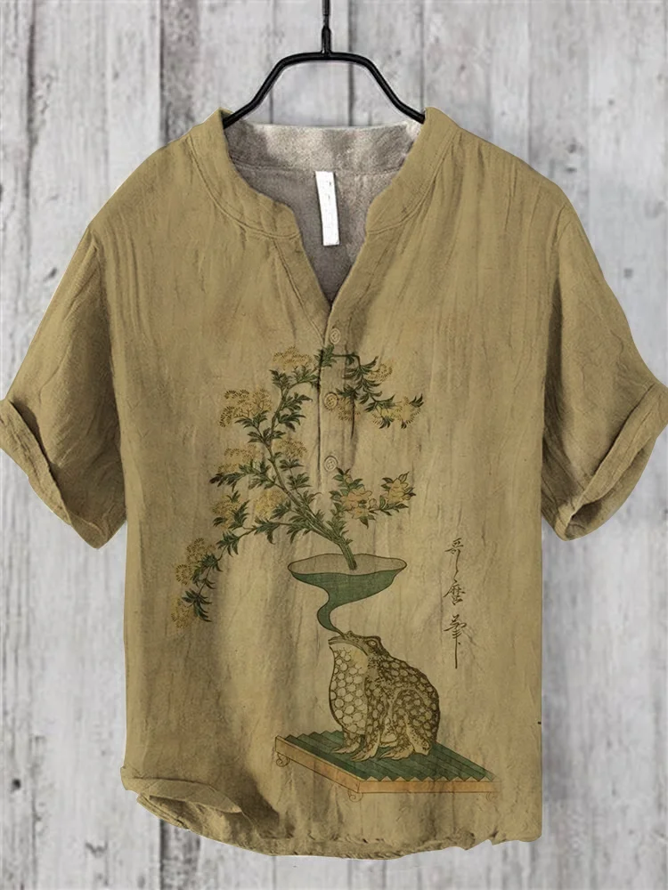 Men's Retro Frog Floral Art Print Casual Linen Blend Shirt