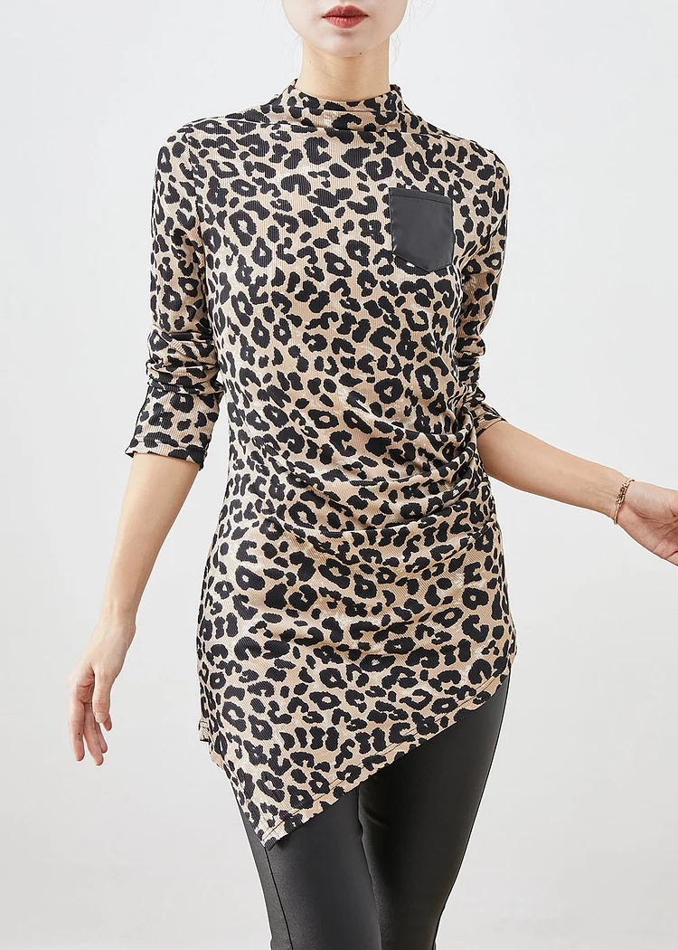 Silm Fit Asymmetrical Leopard Print Cotton Shirt Fall