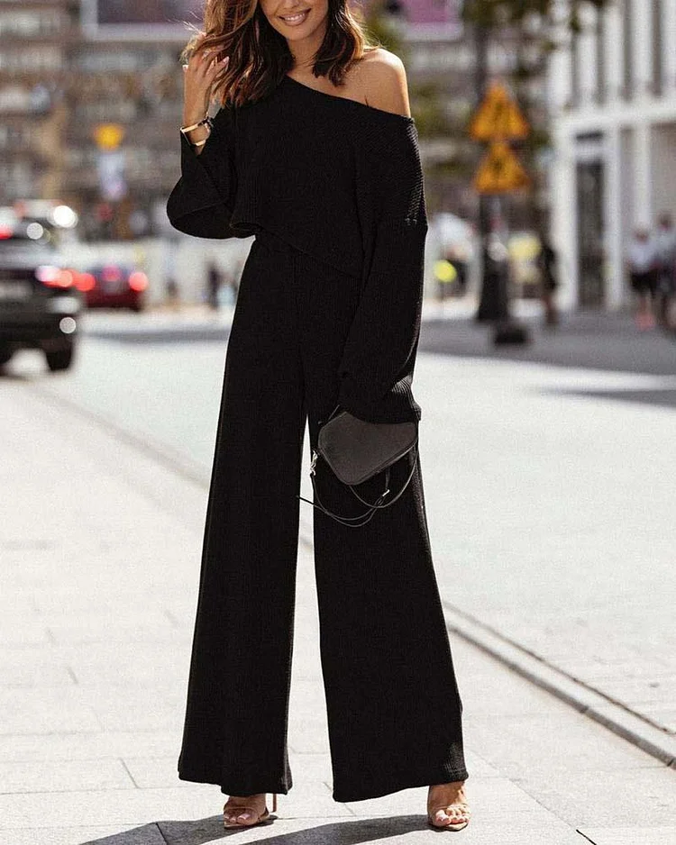 Fashion Waffle One Shoulder Casual Two Piece Set